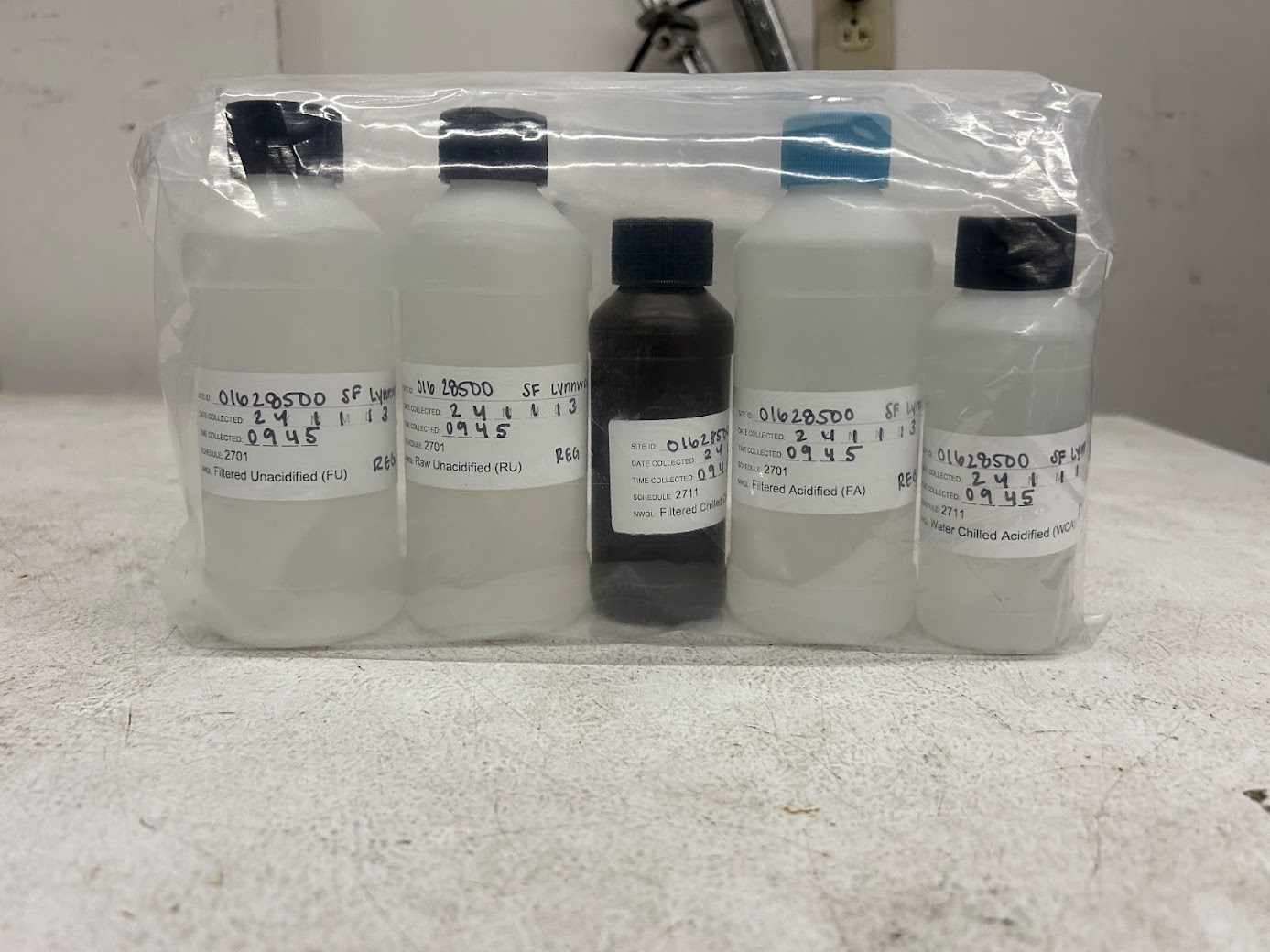 Five labeled water-quality sample bottles lined up in a bag, ready to be carried to the laboratory for analysis. Real USGS photograph used on the Ellis Abel Learns "Why I Love Chemistry" page.